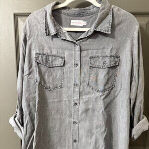 Molly & Isadora 1X Soft Denim Gray Button-Up Shirt with Roll-Tab Sleeves